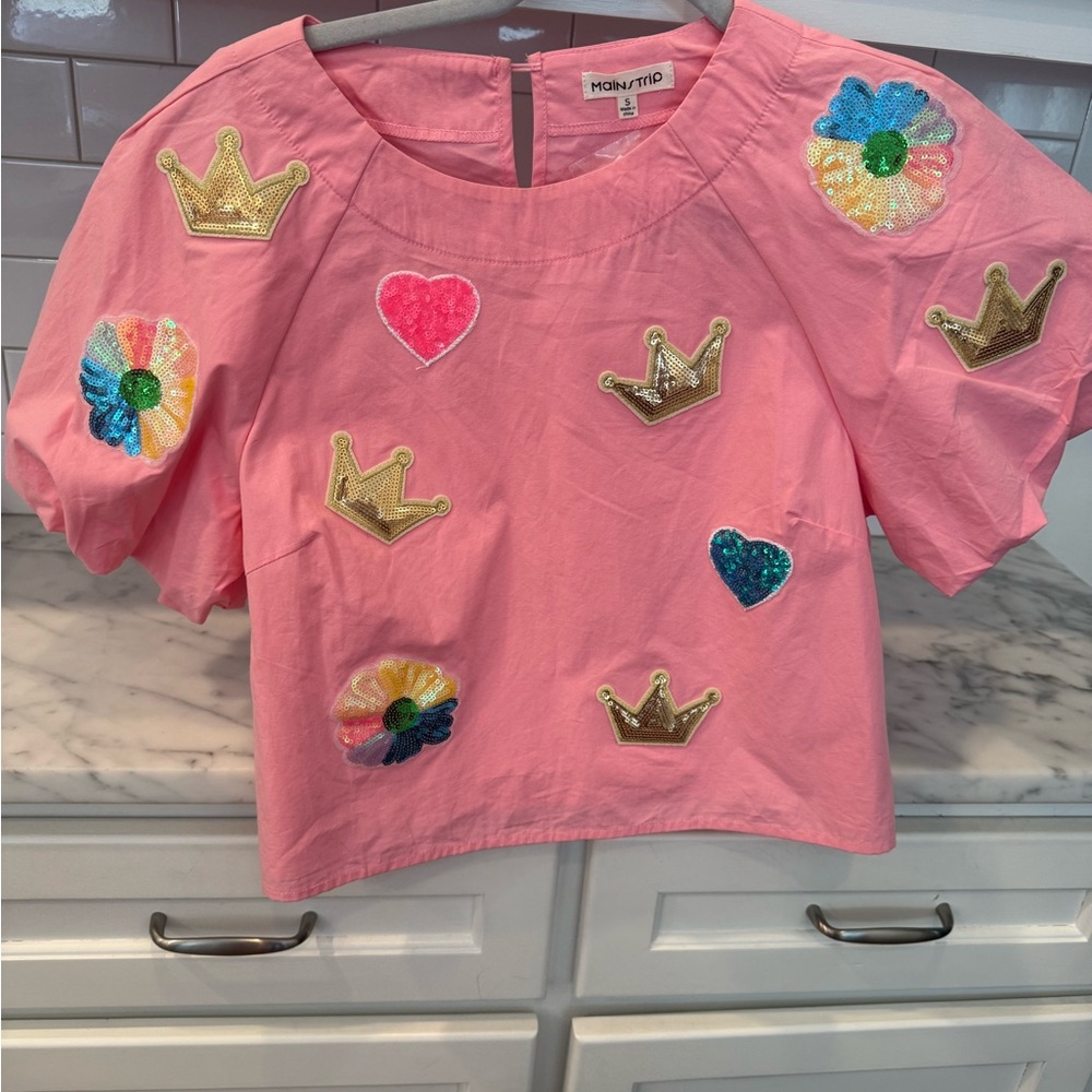 Main Strip Pink Blouse with Colorful Appliqués